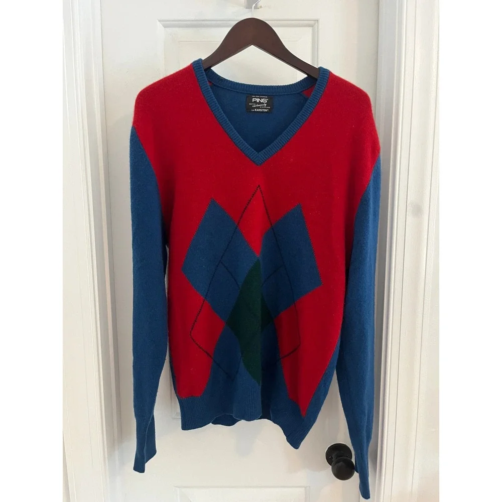 Vintage Ping Karsten  Red Blue Argyle 100% Cashmere V-Neck Sweater